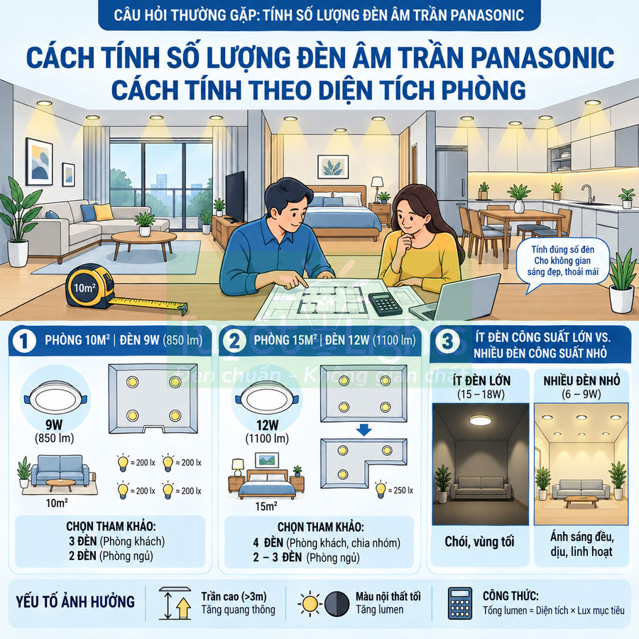 Hướng dẫn tính số lượng đèn âm trần Panasonic theo diện tích phòng và công suất đèn