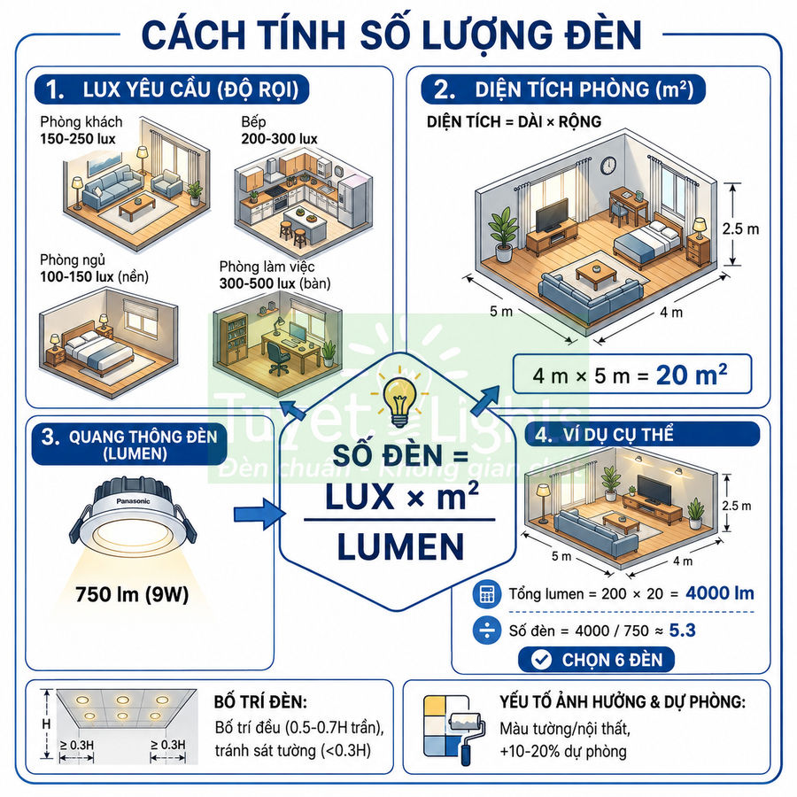 Hướng dẫn tính số lượng đèn Panasonic âm trần theo lux, diện tích phòng và quang thông lumen
