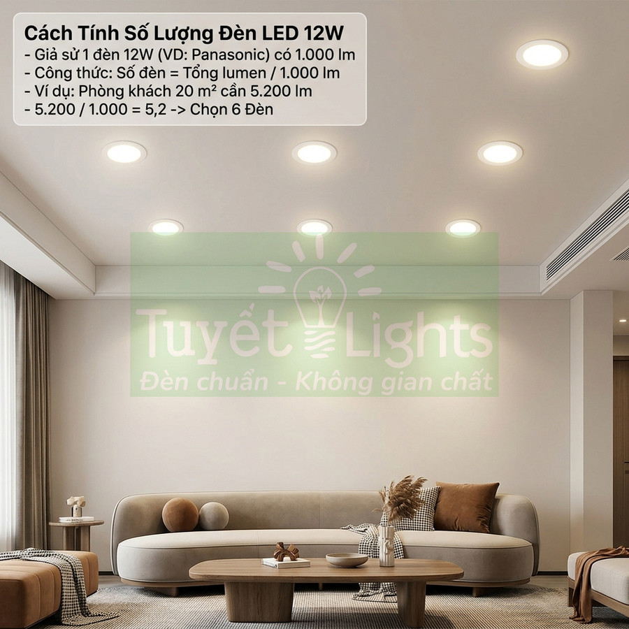 Đèn LED âm trần 12W chiếu sáng phòng khách hiện đại với sofa và bàn trà gỗ