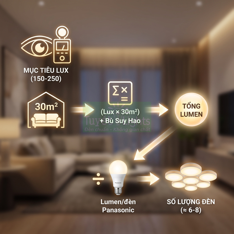 Hướng dẫn tính số lượng bóng đèn LED Panasonic cho phòng khách 30m2 theo chỉ số lux và lumen
