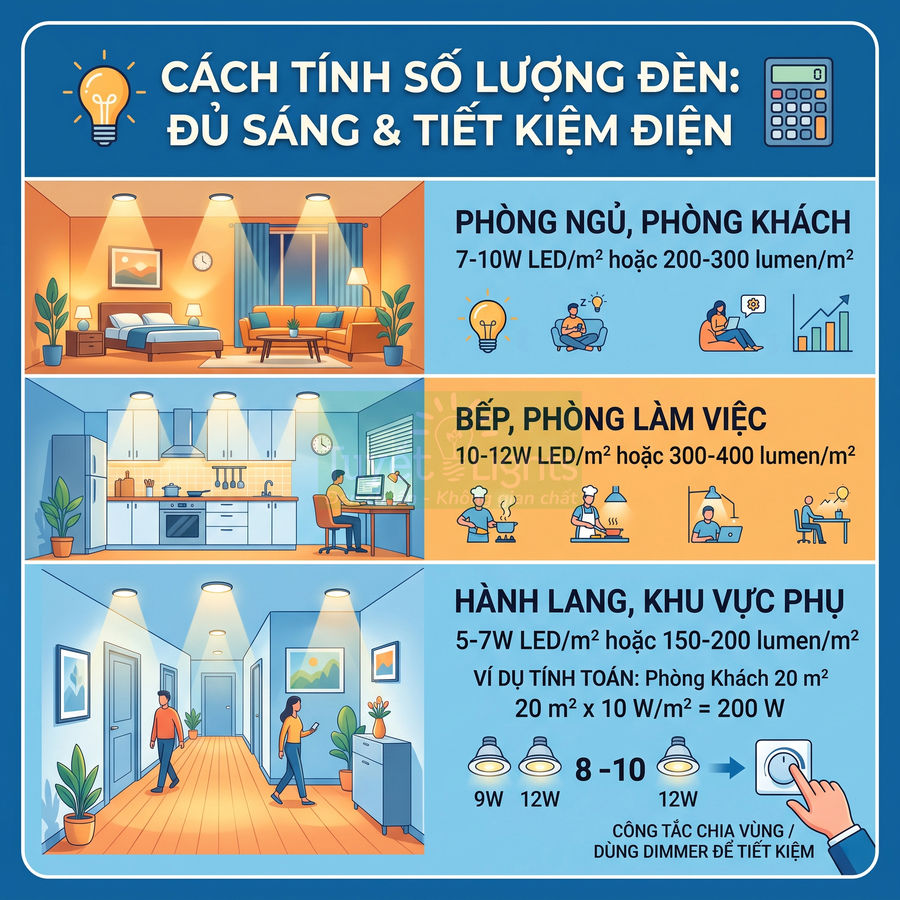 Hướng dẫn chọn công suất và số lượng đèn LED cho phòng ngủ, phòng khách, bếp và hành lang tiết kiệm điện