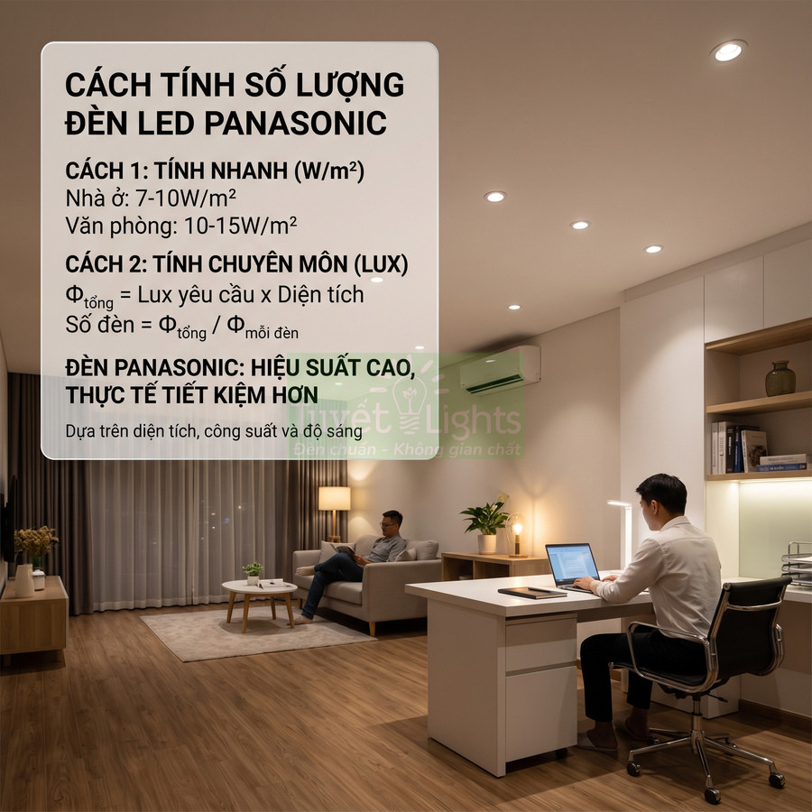 Phòng khách và làm việc sử dụng đèn LED âm trần Panasonic chiếu sáng hiện đại, tiết kiệm điện