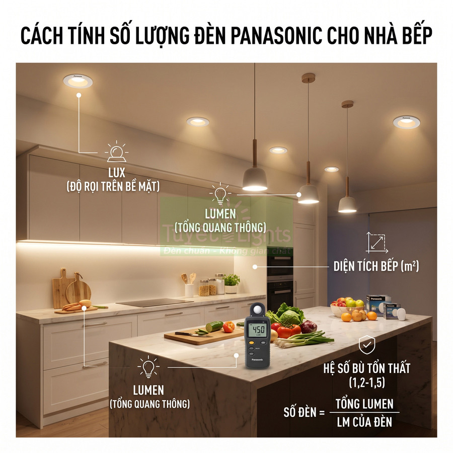 Cách tính số lượng đèn Panasonic cho nhà bếp với minh họa lux lumen và diện tích bếp