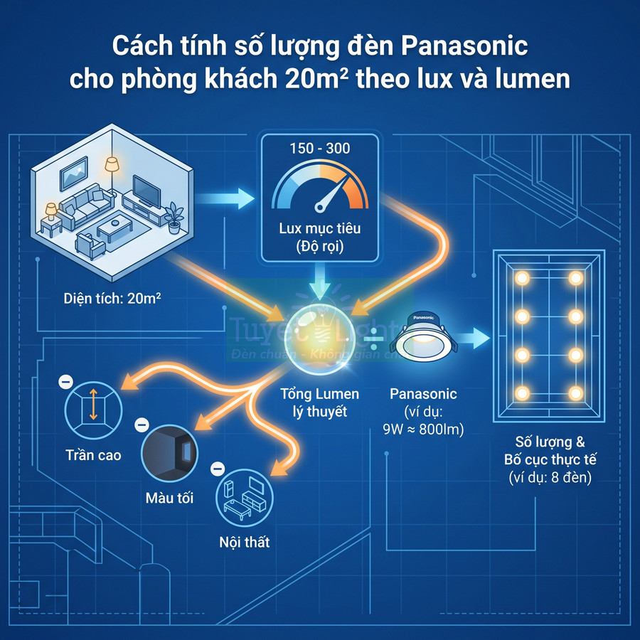 Hướng dẫn tính số lượng đèn LED Panasonic cho phòng khách 20m2 dựa trên độ rọi lux và tổng lumen