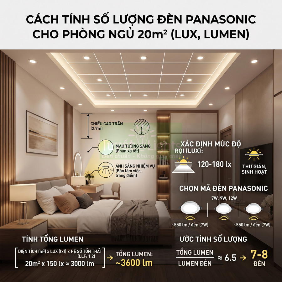Hướng dẫn tính số lượng đèn LED Panasonic cho phòng ngủ 20m2 với minh họa bố trí đèn trần hiện đại