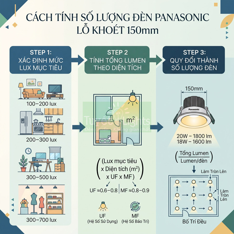 Hướng dẫn tính số lượng đèn âm trần Panasonic lỗ khoét 150mm theo diện tích và độ sáng phòng