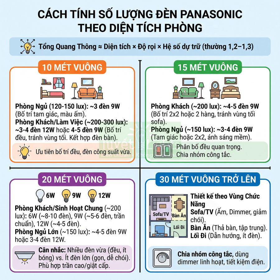Hướng dẫn tính số lượng đèn Panasonic theo diện tích phòng 10m2 15m2 20m2 và 30m2 trở lên