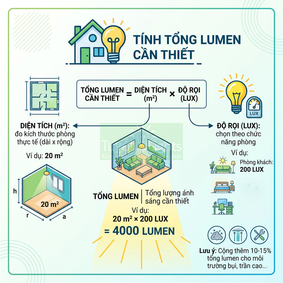 Hướng dẫn tính tổng lumen cần thiết cho phòng khách 20m2 dựa trên diện tích và độ rọi lux