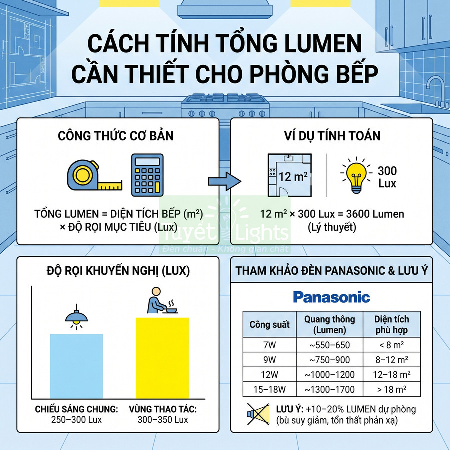 Hướng dẫn tính tổng lumen cần thiết cho phòng bếp và chọn đèn LED Panasonic theo diện tích phòng