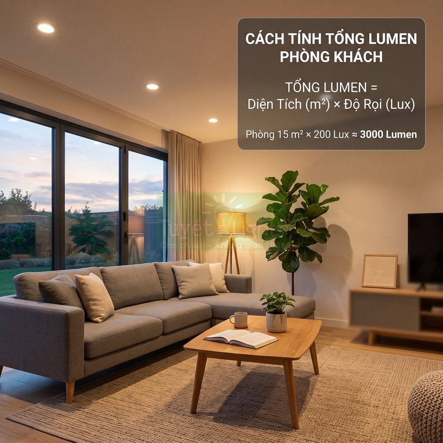 Phòng khách hiện đại với đèn âm trần LED chiếu sáng, sofa xám và bàn gỗ có sách mở và cây trang trí