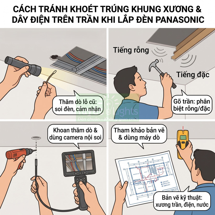 Hướng dẫn tránh khoét trúng khung xương và dây điện trần khi lắp đèn Panasonic bằng đèn pin, camera nội soi và máy dò