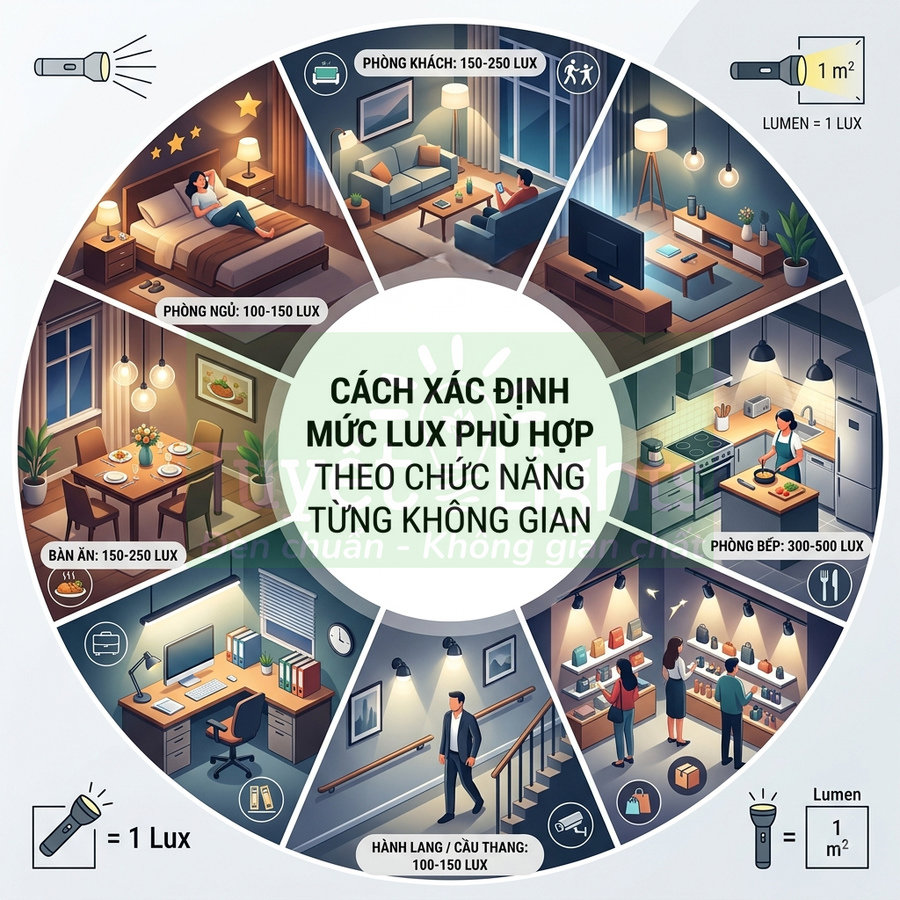 Minh họa mức độ chiếu sáng lux phù hợp cho phòng khách, phòng ngủ, bếp, bàn ăn, hành lang và cửa hàng trong nhà