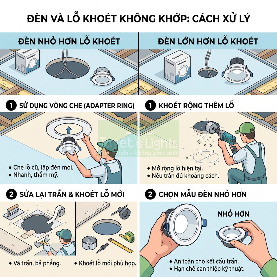 Hướng dẫn xử lý đèn âm trần Panasonic không khớp lỗ khoét bằng vòng che, khoét rộng hoặc chọn đèn nhỏ hơn