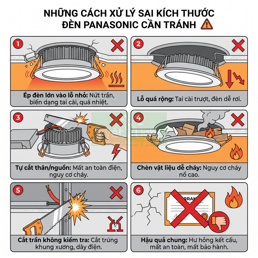 Hướng dẫn các lỗi lắp đặt sai kích thước đèn âm trần Panasonic và cảnh báo nguy cơ cháy nổ