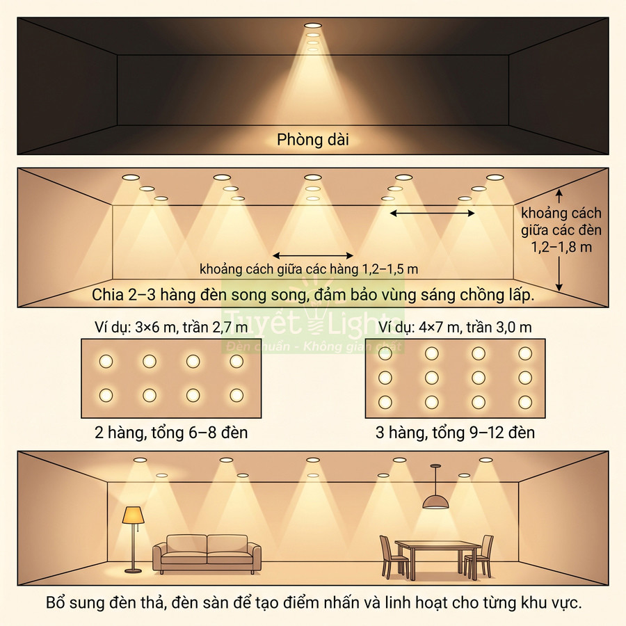 Sơ đồ bố trí đèn downlight âm trần cho phòng dài với khoảng cách và số lượng đèn gợi ý