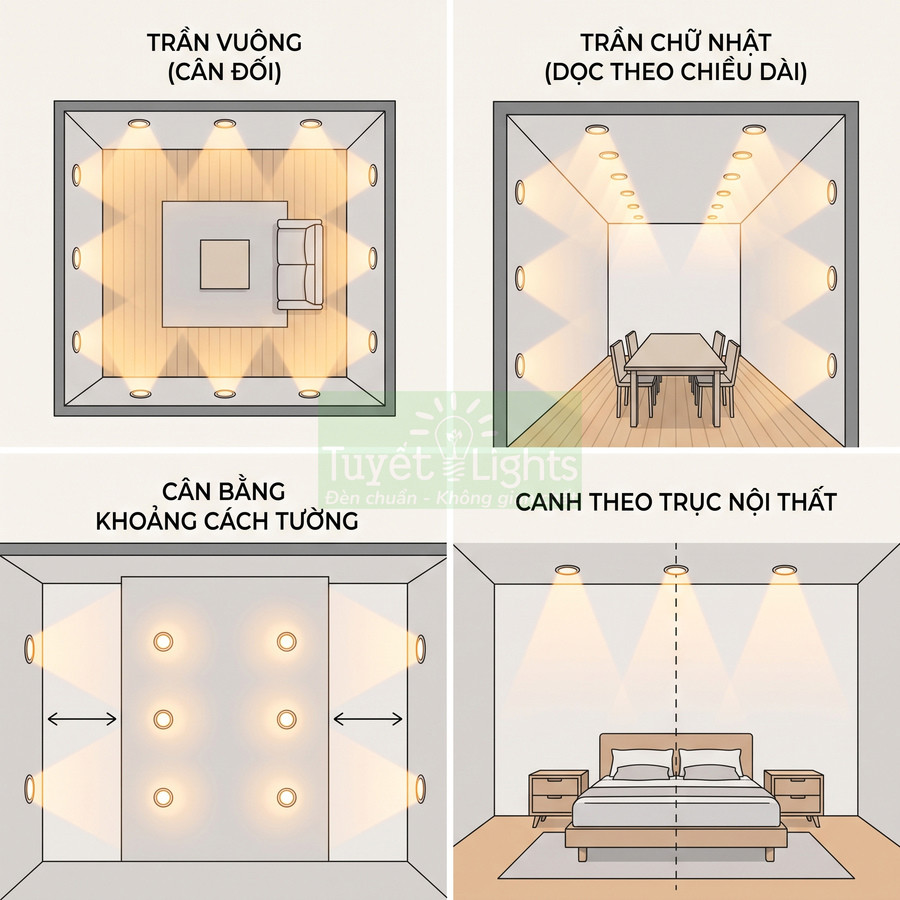 Cách bố trí đèn downlight âm trần cho phòng ngủ và phòng ăn vuông, chữ nhật cân đối ánh sáng