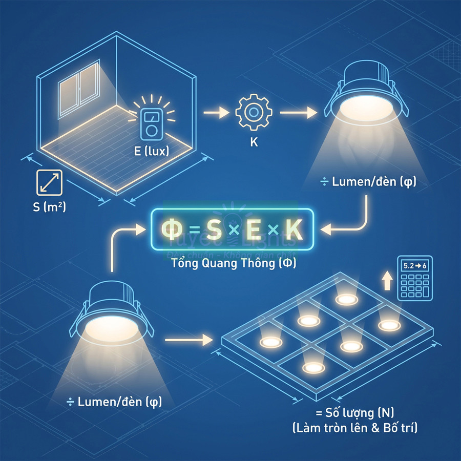 Sơ đồ tính số lượng đèn LED âm trần theo diện tích phòng, độ rọi lux và quang thông lumen