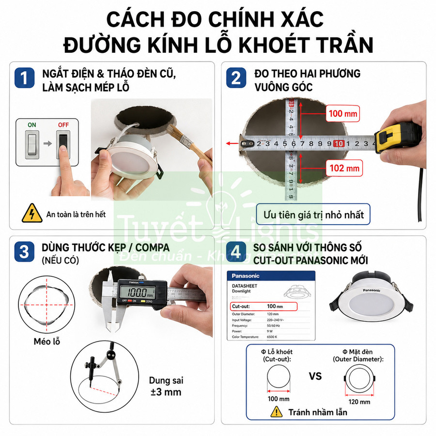 Hướng dẫn đo đường kính lỗ khoét trần để lắp đèn âm trần Panasonic chính xác