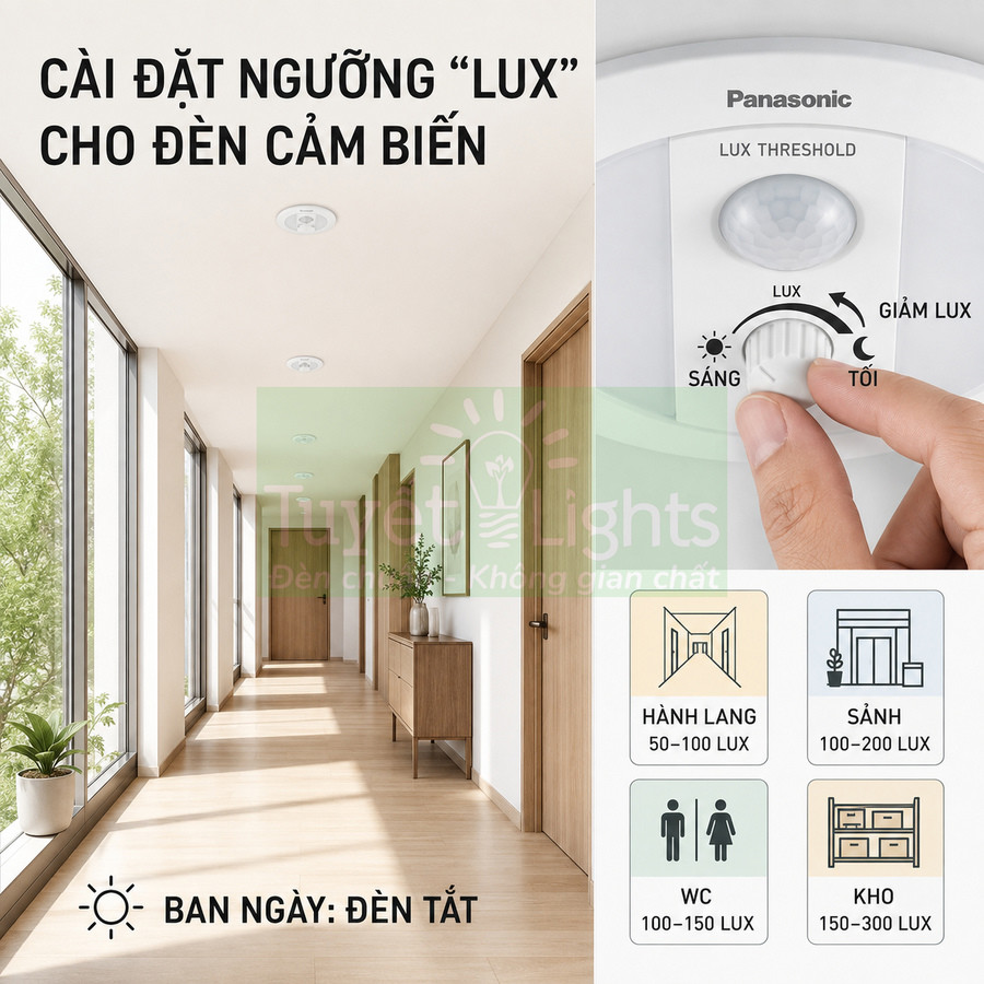 Cài đặt ngưỡng lux cho đèn cảm biến Panasonic trong hành lang, điều chỉnh độ sáng tắt bật ban ngày
