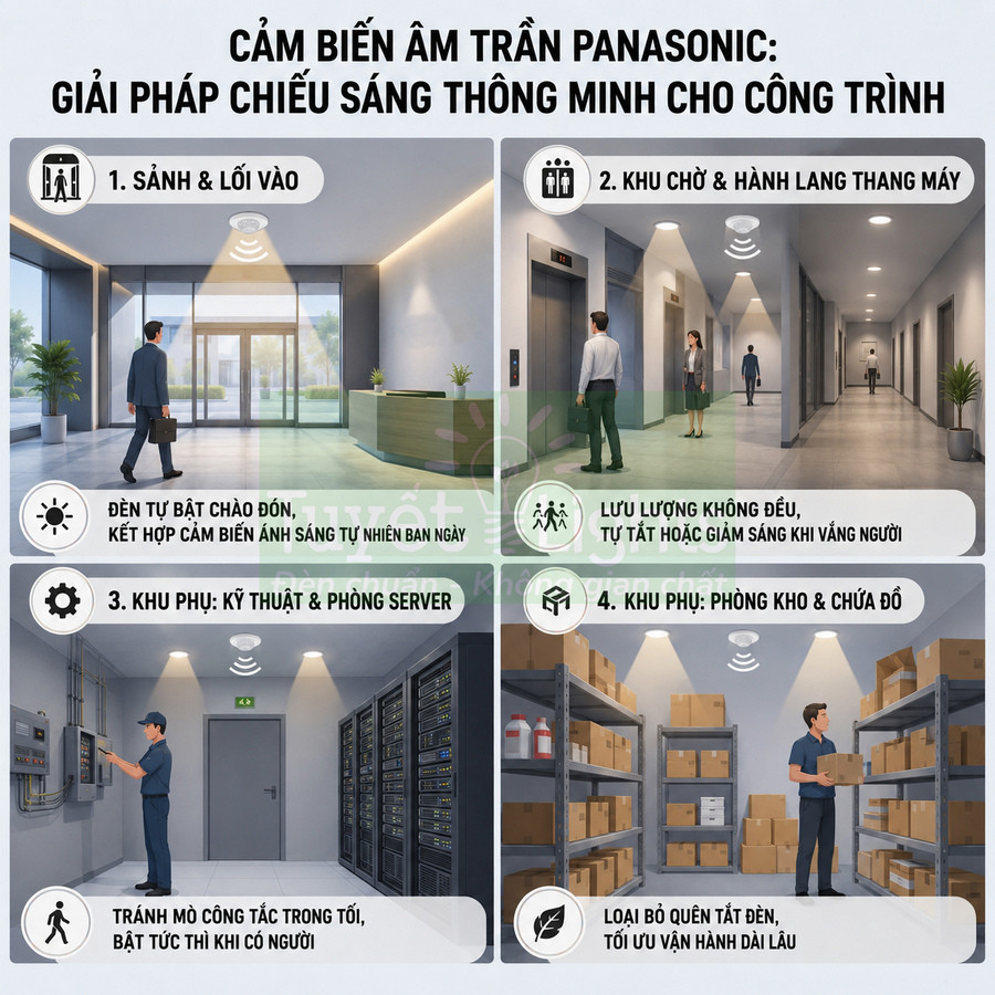 Cảm biến âm trần Panasonic cho hệ thống chiếu sáng thông minh tại sảnh, hành lang, phòng kỹ thuật và kho công trình