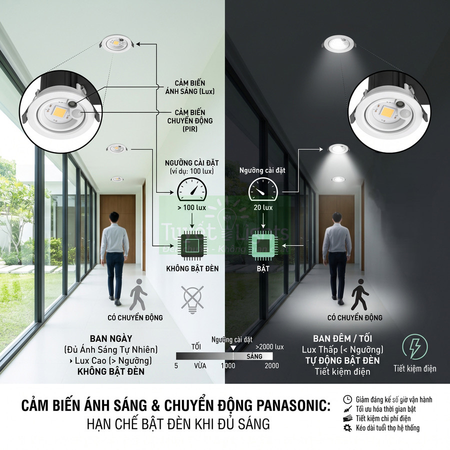 Đèn âm trần cảm biến ánh sáng và chuyển động Panasonic tự động bật tắt tiết kiệm điện trong hành lang