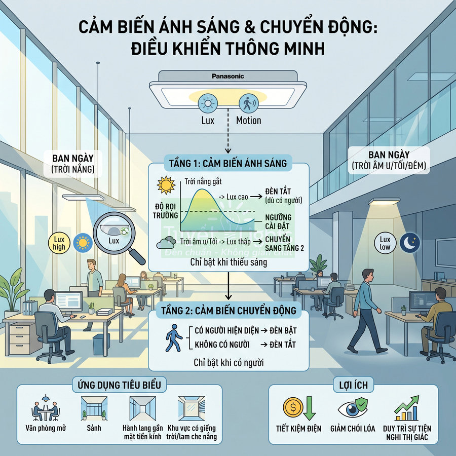 Cảm biến ánh sáng và chuyển động Panasonic điều khiển đèn thông minh trong văn phòng hiện đại