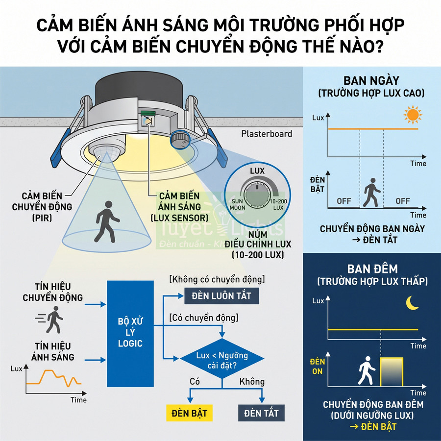 Đèn âm trần cảm biến chuyển động kết hợp cảm biến ánh sáng môi trường và núm điều chỉnh độ lux