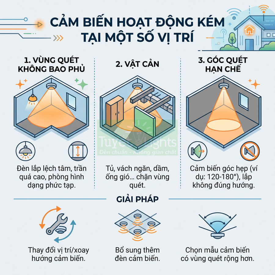 Minh họa các lỗi lắp đặt đèn cảm biến chuyển động trong nhà và giải pháp tối ưu vùng quét