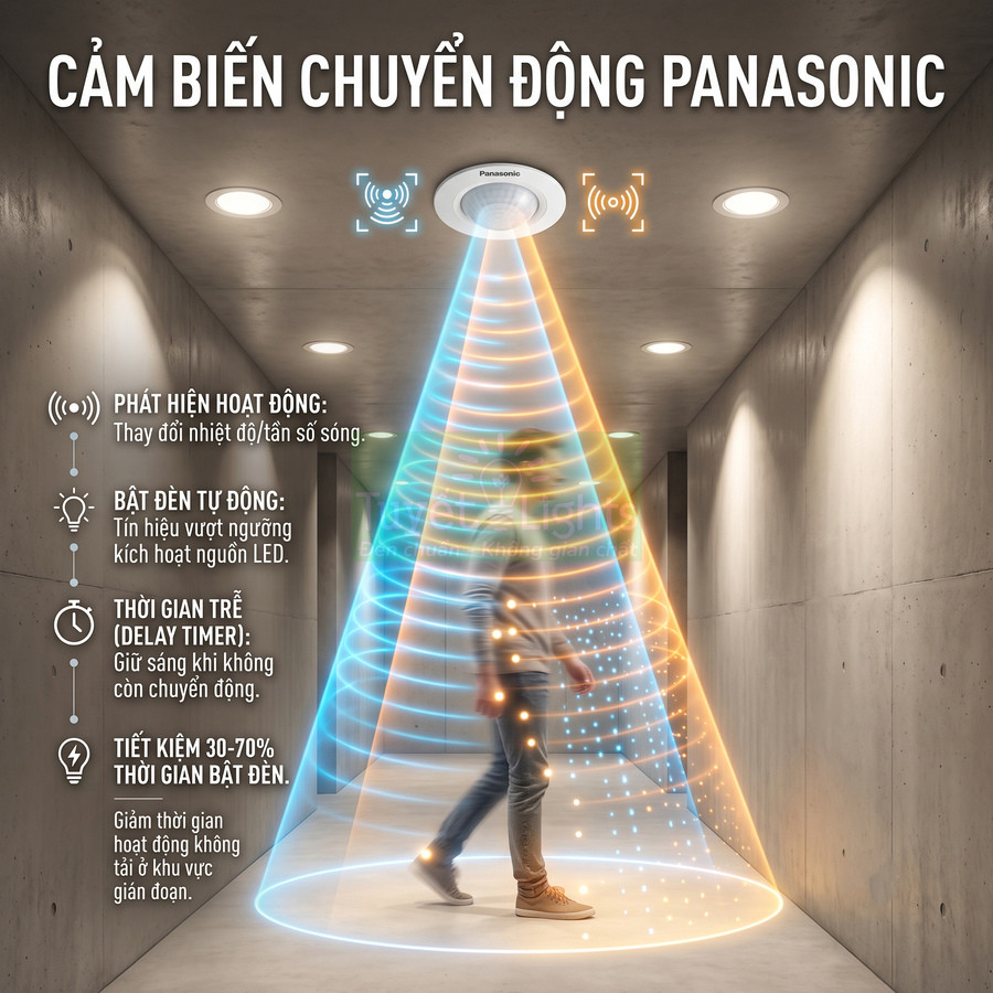Cảm biến chuyển động Panasonic gắn trần hành lang, tự động bật tắt đèn LED khi phát hiện người di chuyển