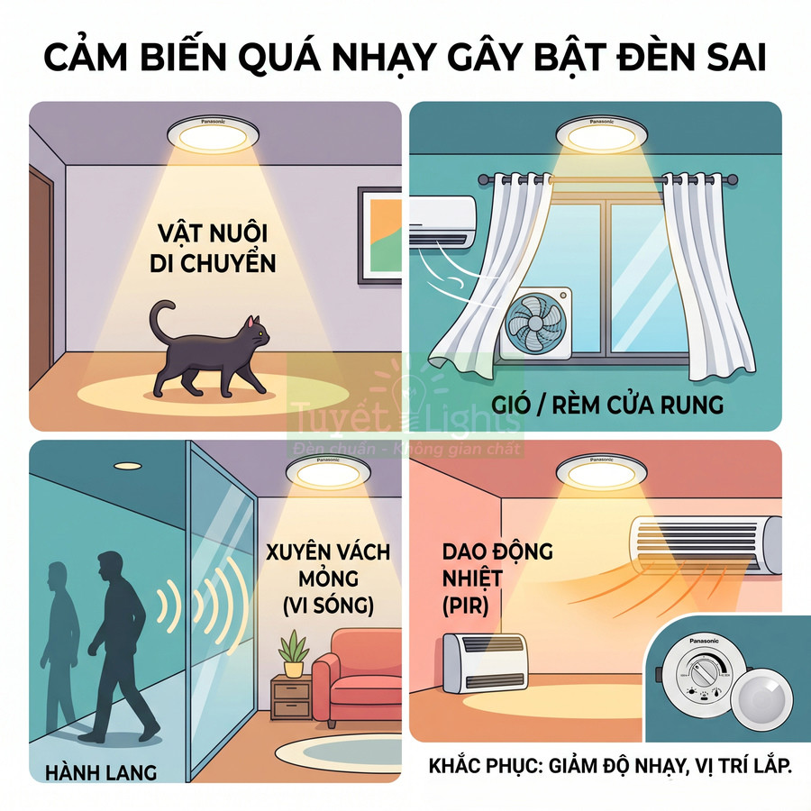Đèn cảm biến Panasonic quá nhạy bật tắt sai do vật nuôi, gió rèm cửa, xuyên vách mỏng và dao động nhiệt