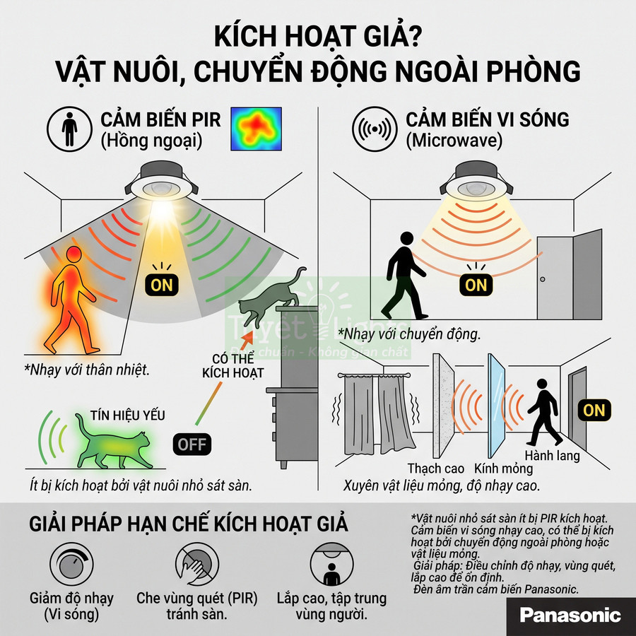 Infographic so sánh cảm biến chuyển động PIR và cảm biến vi sóng Panasonic và cách hạn chế kích hoạt giả