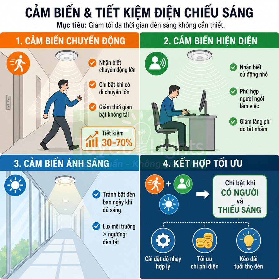 Infographic cảm biến đèn chiếu sáng tiết kiệm điện với cảm biến chuyển động, hiện diện và ánh sáng trong nhà