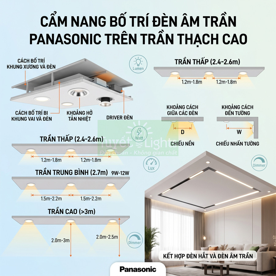 Cẩm nang bố trí đèn âm trần Panasonic cho trần thạch cao với khoảng cách lắp đặt và ví dụ phòng khách hiện đại