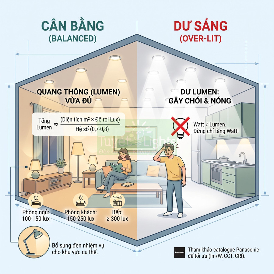 Minh họa phòng khách và bếp với đèn Panasonic, so sánh chiếu sáng cân bằng và dư sáng gây chói nóng