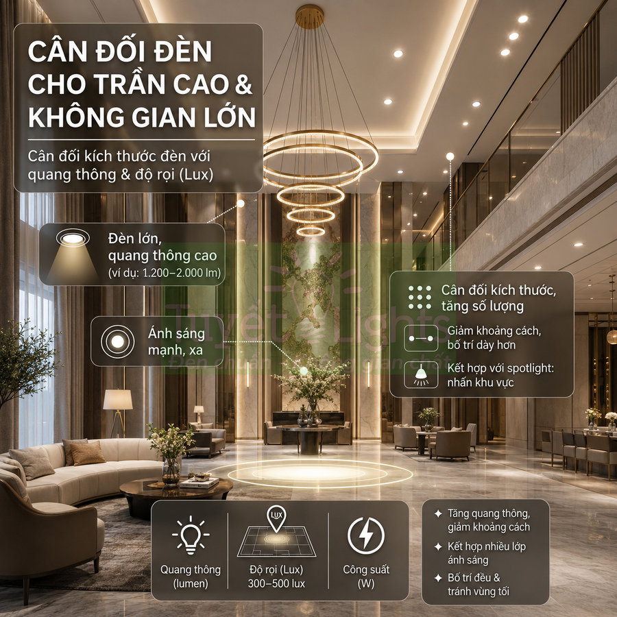 Đèn chùm tròn hiện đại cho trần cao trong sảnh khách sạn sang trọng với hệ thống đèn âm trần và ánh sáng ấm