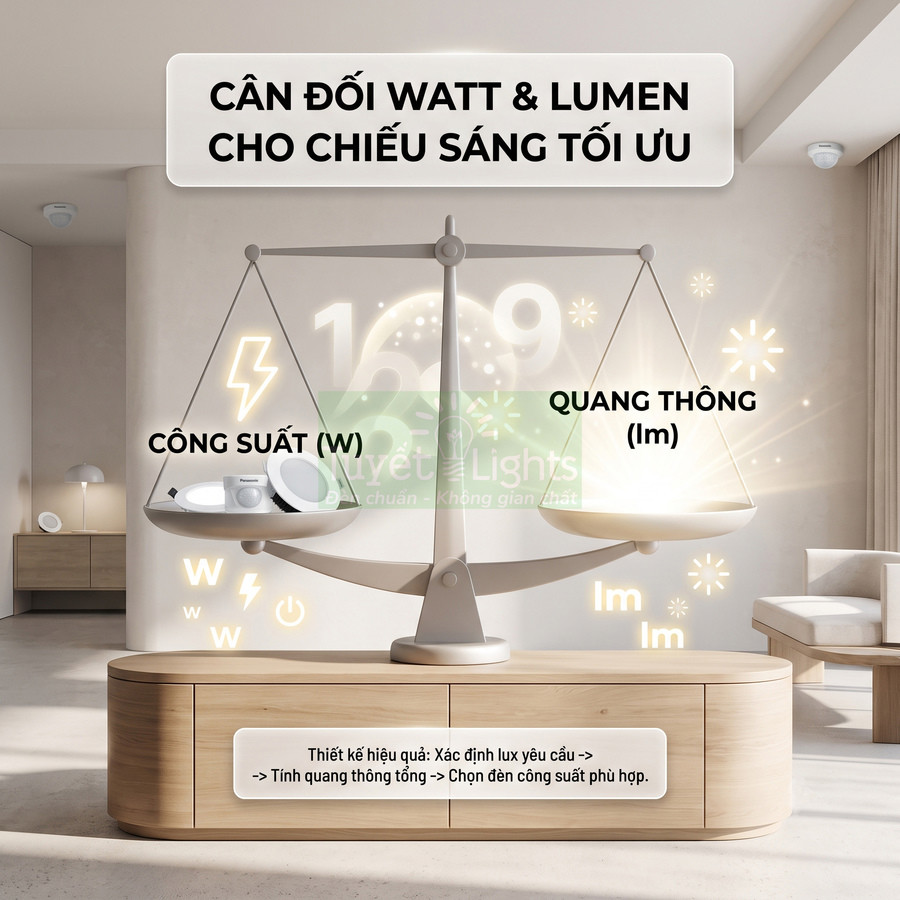Cân bằng công suất watt và quang thông lumen cho đèn LED âm trần trong phòng khách hiện đại