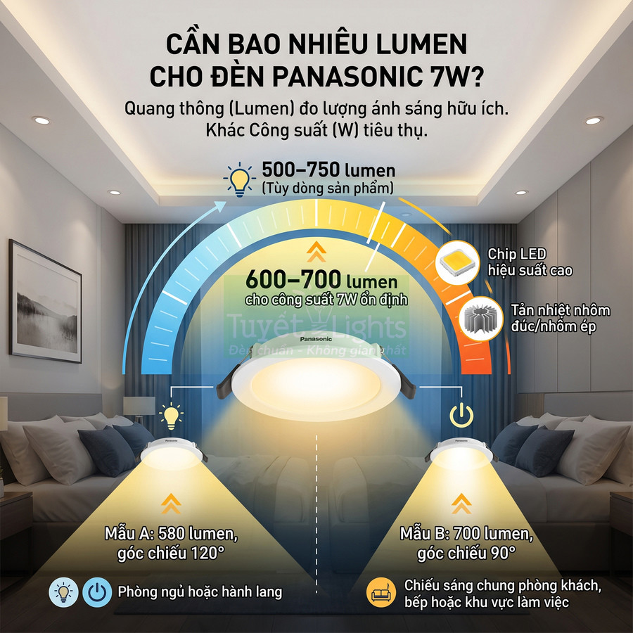 Đèn LED âm trần Panasonic 7W chiếu sáng phòng ngủ, minh họa độ sáng 600–700 lumen và góc chiếu khác nhau