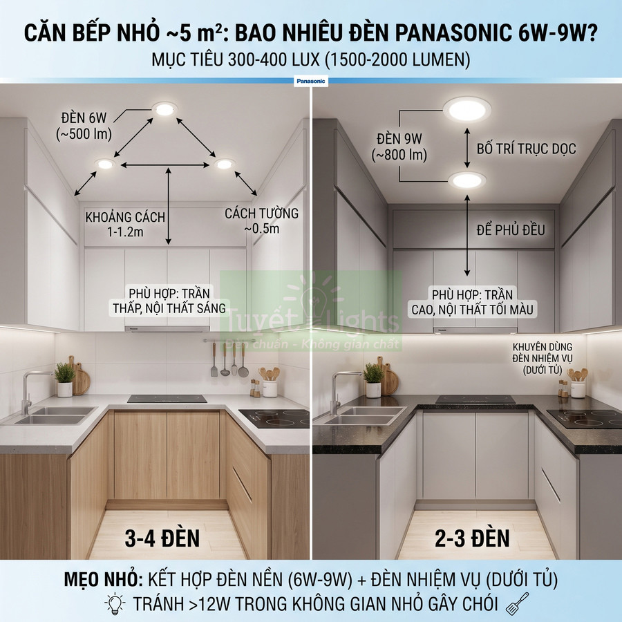 So sánh bố trí 3–4 đèn âm trần Panasonic 6W và 2–3 đèn Panasonic 9W cho căn bếp nhỏ 5m2