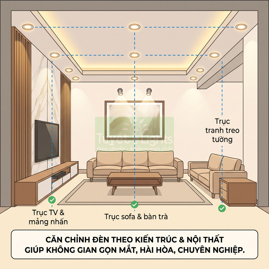 Phòng khách hiện đại với hệ thống đèn âm trần bố trí theo trục sofa, TV và tranh treo tường