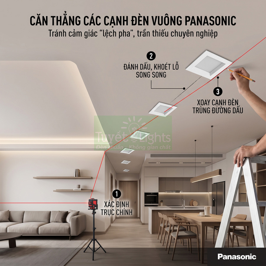 Hướng dẫn lắp đặt đèn âm trần vuông Panasonic thẳng hàng trong phòng khách và bếp hiện đại