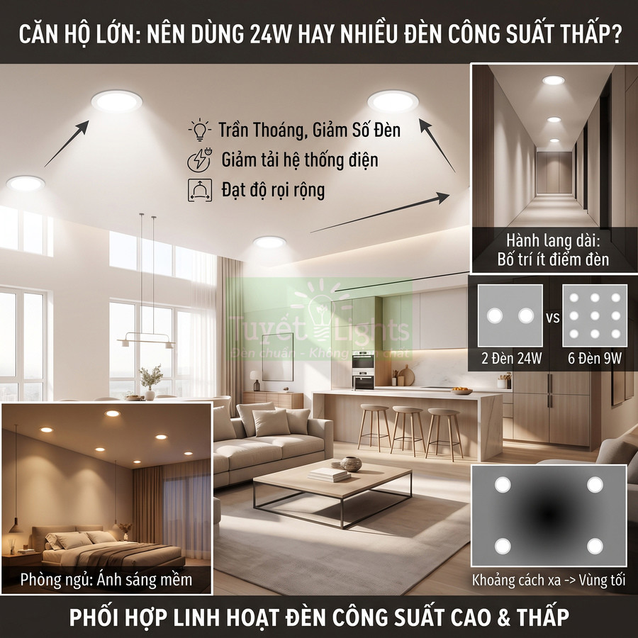 Phòng khách và phòng ngủ căn hộ dùng đèn âm trần LED Tuyết Lights công suất cao và thấp phối hợp chiếu sáng