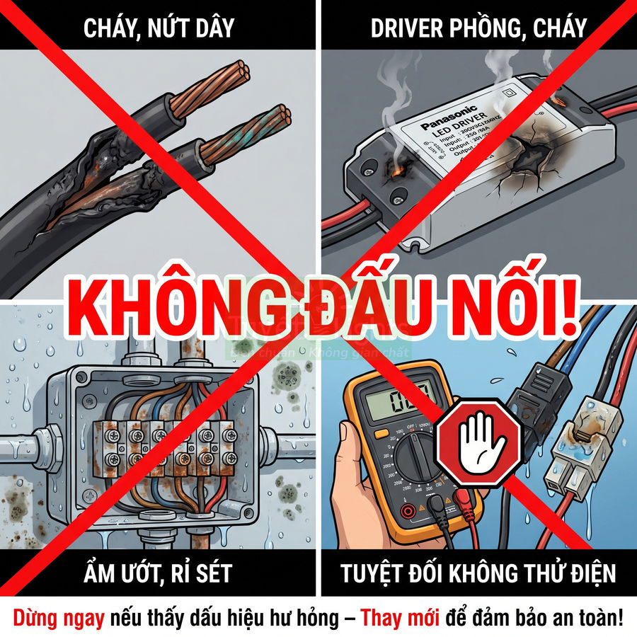 Cảnh báo không đấu nối dây điện cháy nứt, driver LED Panasonic phồng cháy, hộp nối ẩm rỉ sét và không thử điện bằng đồng hồ
