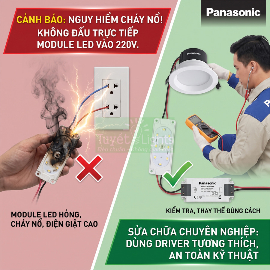 Kỹ thuật viên kiểm tra đèn LED âm trần Panasonic với driver module Panasonic, hướng dẫn lắp đặt an toàn chống cháy nổ