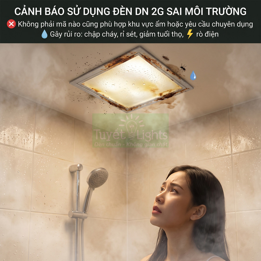 Đèn âm trần bị rỉ sét, đọng nước trong phòng tắm ẩm ướt, cảnh báo nguy cơ chập cháy rò điện
