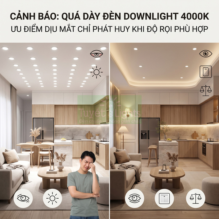 So sánh phòng khách bếp dùng quá nhiều đèn downlight 4000K gây chói mắt với bố trí đèn hợp lý dịu mắt