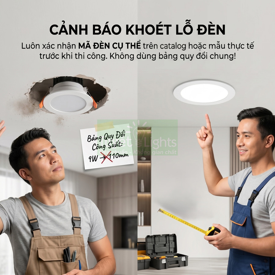 Thợ điện lắp đặt đèn led âm trần tròn trên trần nhà, đo kích thước lỗ khoét để chọn đúng mã đèn