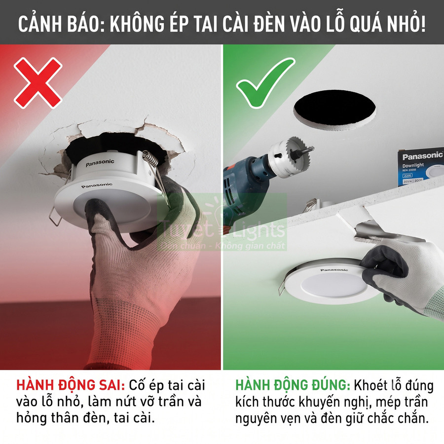 Hướng dẫn lắp đặt đèn âm trần Panasonic đúng kích thước lỗ khoét để tránh nứt vỡ trần và hỏng tai cài