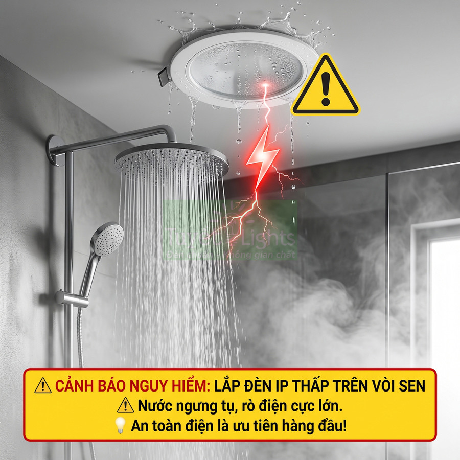 Cảnh báo nguy hiểm khi lắp đèn âm trần IP thấp ngay trên vòi sen phòng tắm có nước và hơi nước