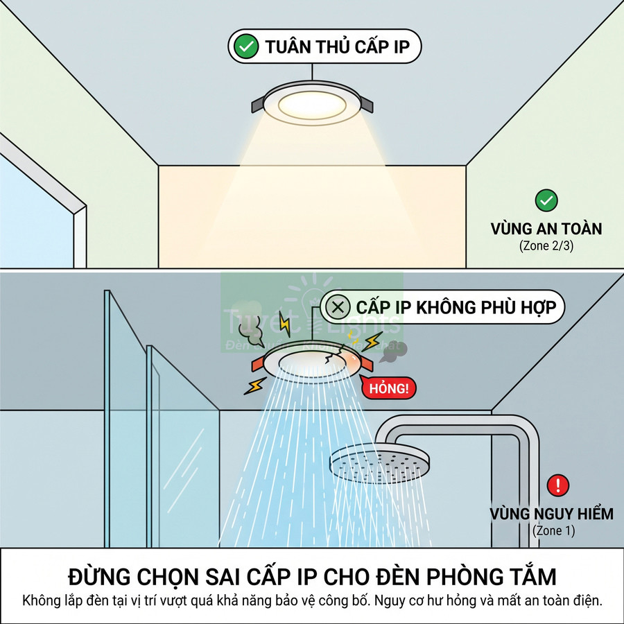Minh họa đèn âm trần trong phòng tắm, so sánh lắp đúng và sai cấp IP ở vùng an toàn và vùng nguy hiểm