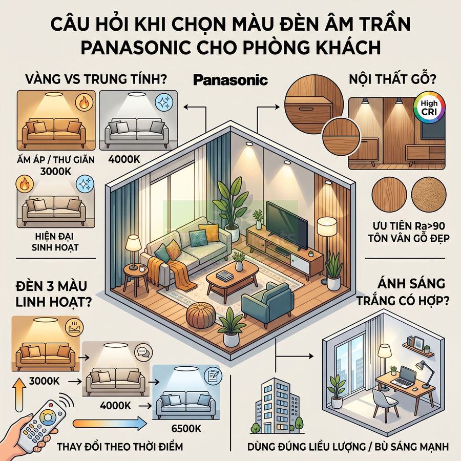 Infographic hướng dẫn chọn màu đèn âm trần Panasonic cho phòng khách với các mức nhiệt màu và không gian minh họa
